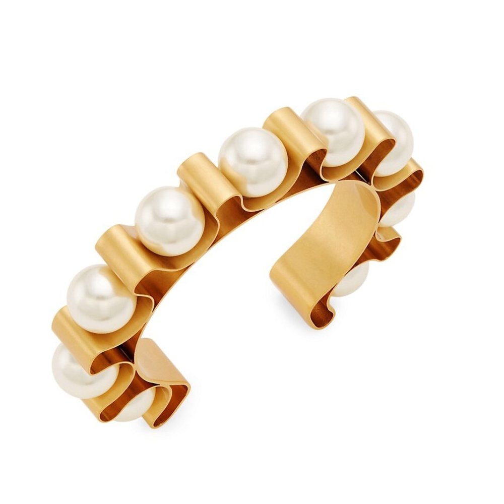 18K Gold-Plated & Glass Pearl Fluted Cuff